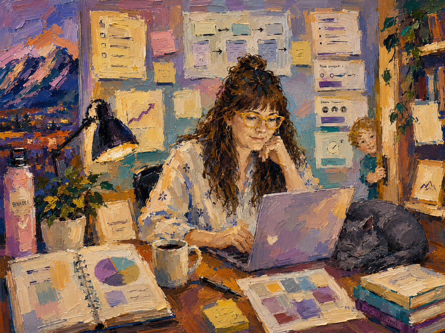Illustration of Melanie Gower designing in her Boulder office